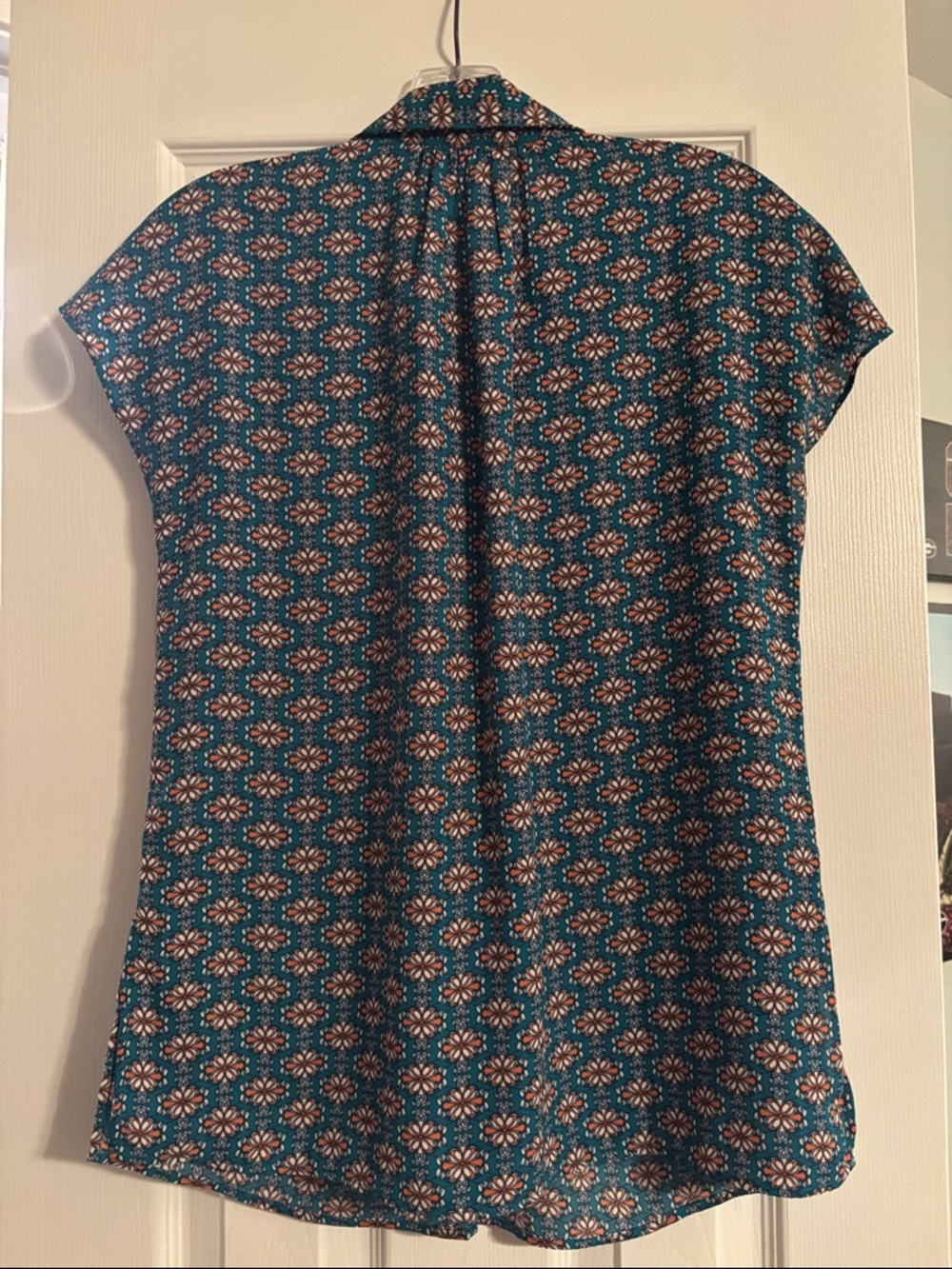 Max Studio Teal Floral Split-Neck Cap-Sleeve Blouse - Picture 3 of 3
